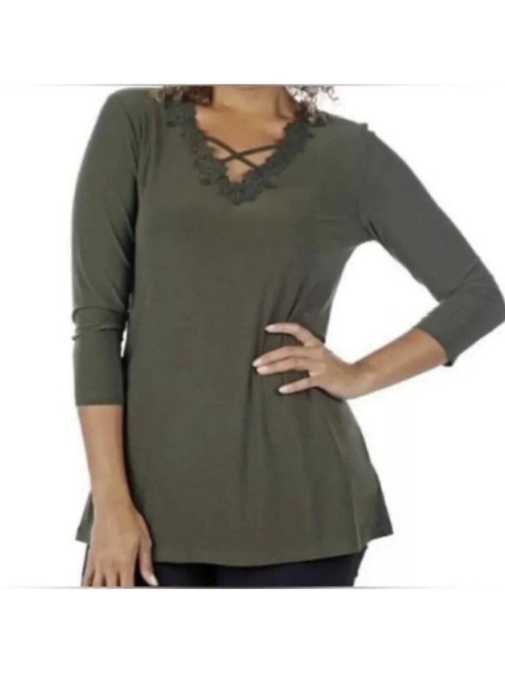 NEW Nina Leonard Olive Crochet Neckline Top Size Small